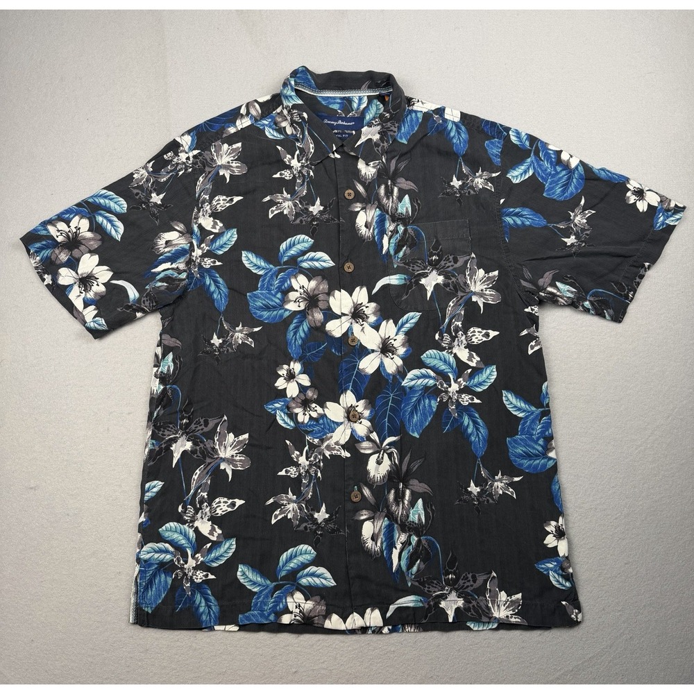 TOMMY BAHAMA Hawaiian Shirt Mens M Silk Camp Black FLORAL Tropical LOOP COLLAR
